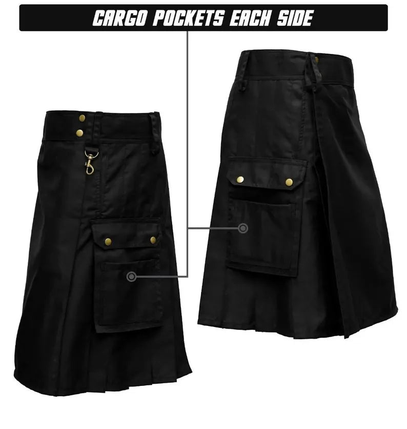 Scottish Men’s Utility Kilt With Cargo Pockets HandMade Cotton Black Tartan !