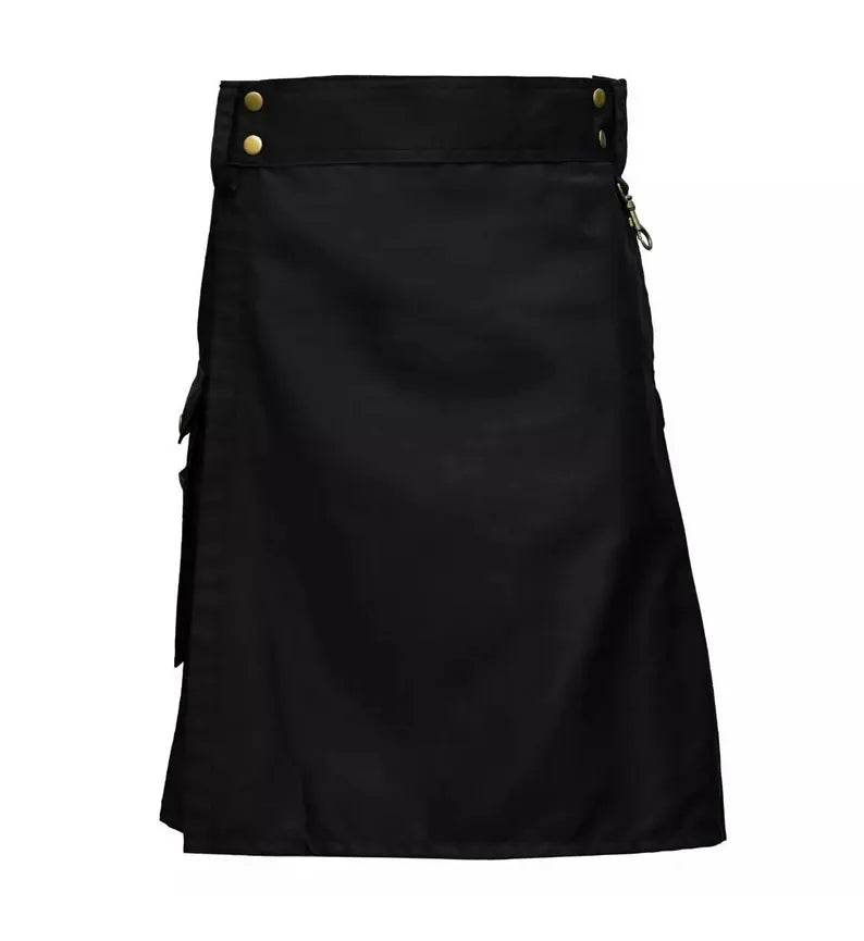 Scottish Men’s Utility Kilt With Cargo Pockets HandMade Cotton Black Tartan !