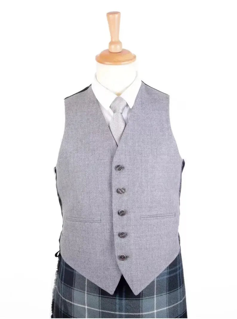 Scottish Light Grey Wool Blazer Crail kilt Jacket & Vest Bone Buttons Wedding Jacket