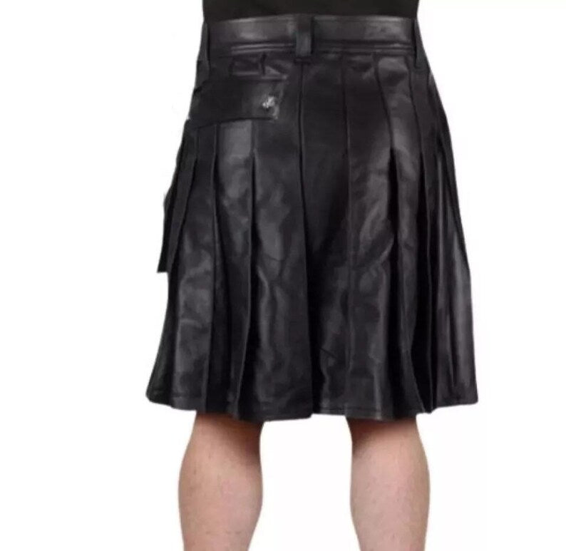Pure Leather Kilt for Men: Button Closure, Pleated Design