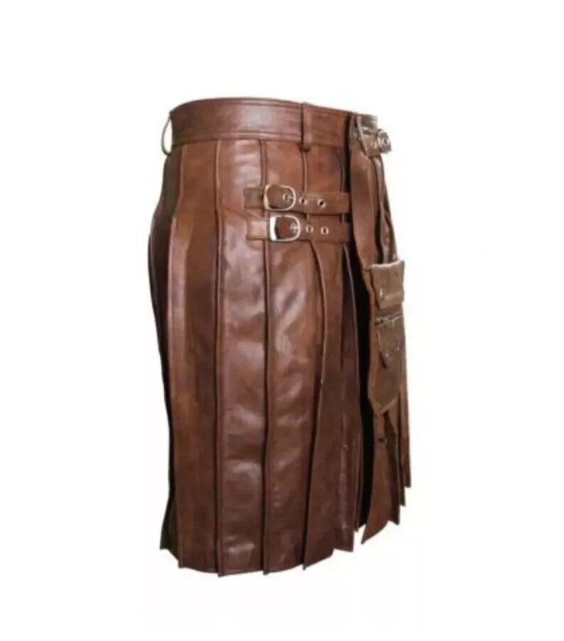 Brown Leather Kilt for Men: Zipped Pocket, Pleated Design