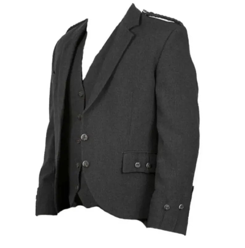 Scottish Men’s Charcoal Gray Wool Argyle Kilt Jacket With Waist Coat