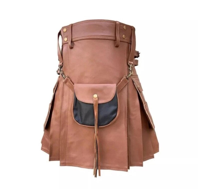 Leather Kilt For Men’s Made IN Brown Colour Button Closer And Belted Waist