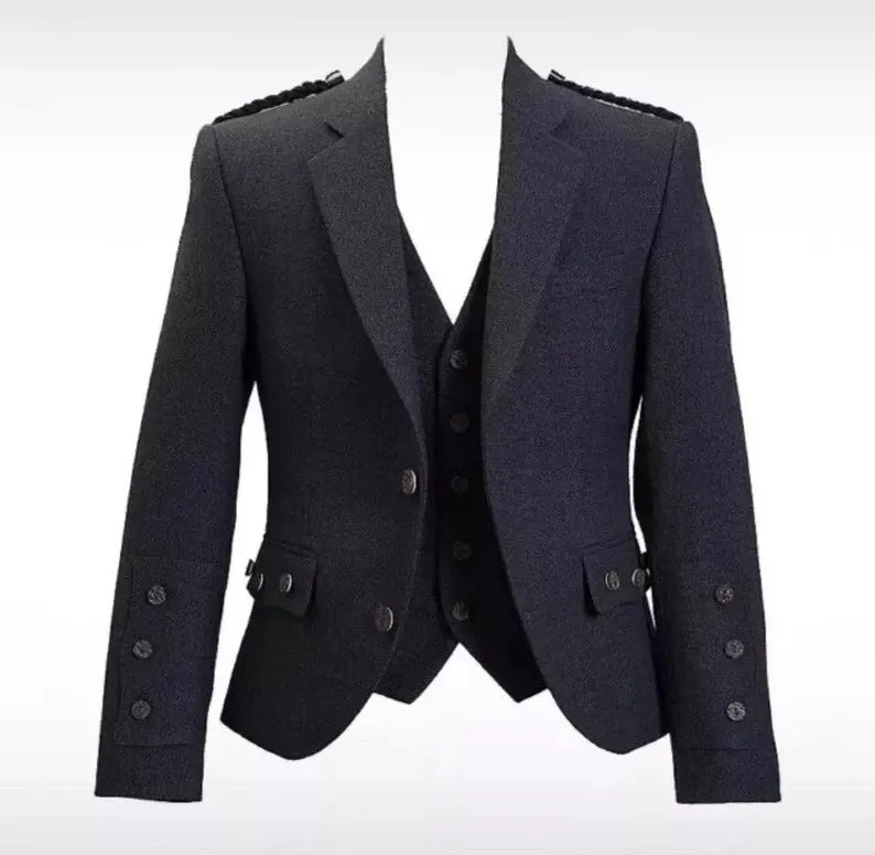 Scottish Men’s Gray Prince Charlie Jacket With WaistCoat Wedding Kilt Jacket