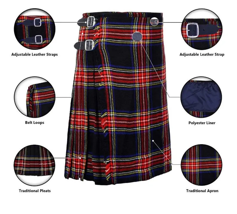 Scottish Black Stewart Tartan Kilt For Men Custom Handmade Traditional 8 Yard kilts