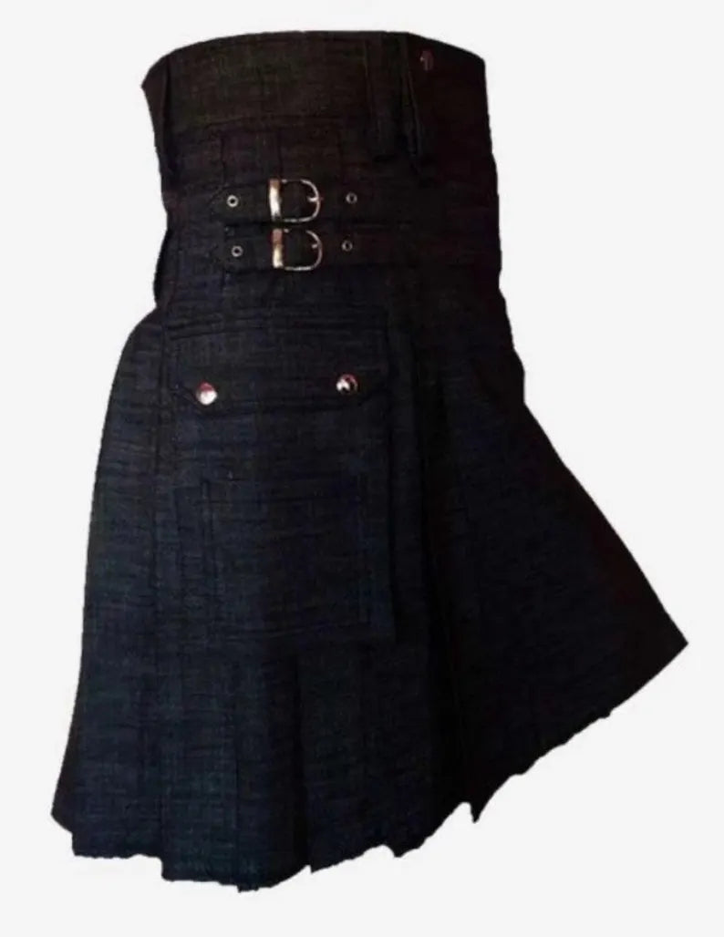 Scottish Luxury Black Denim Kilt With Cargo pockets For Men’s !