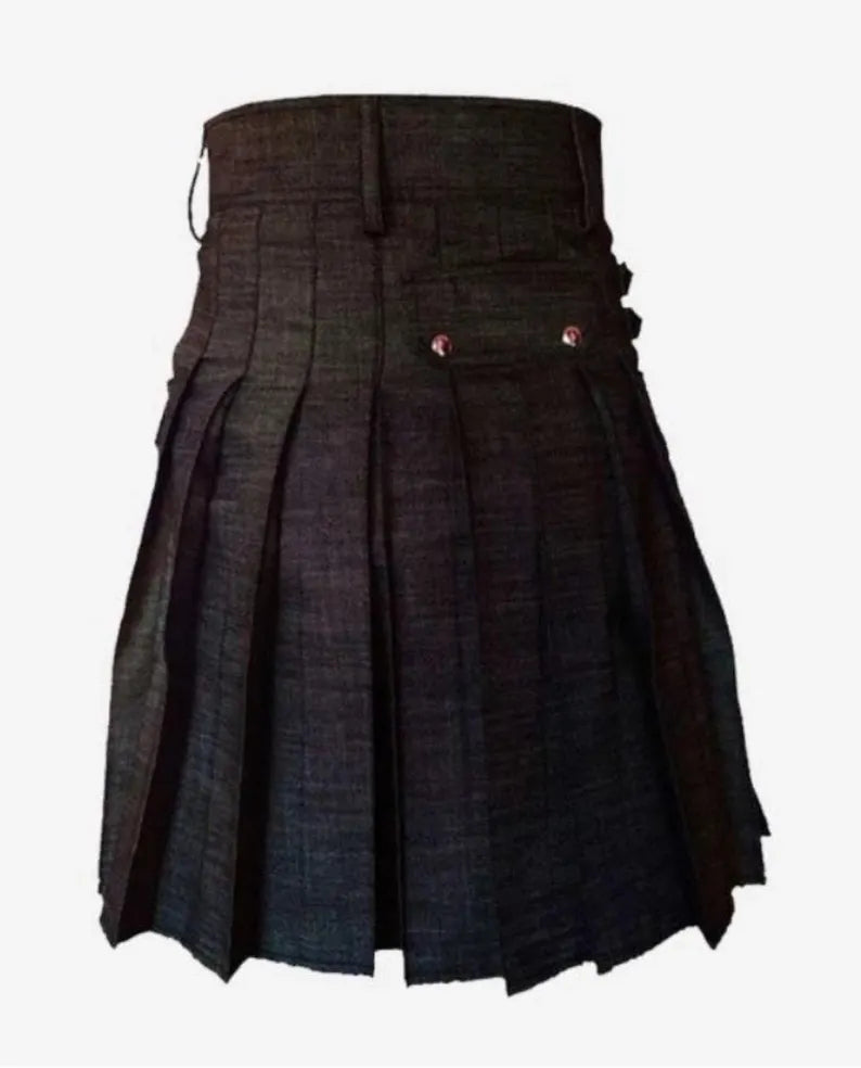 Scottish Luxury Black Denim Kilt With Cargo pockets For Men’s !