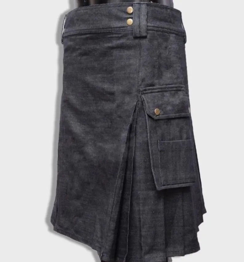Scottish Black Denim Utility Kilt For Men’s !