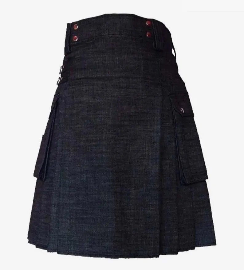 Scottish Luxury Black Denim Kilt With Cargo pockets For Men’s !