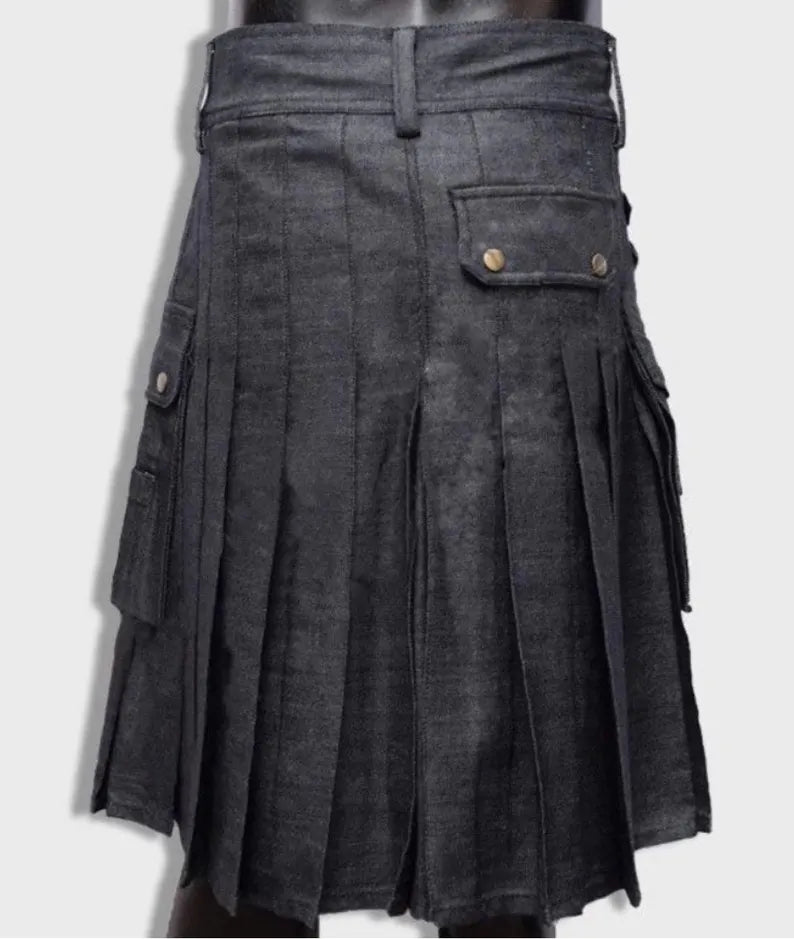 Scottish Black Denim Utility Kilt For Men’s !