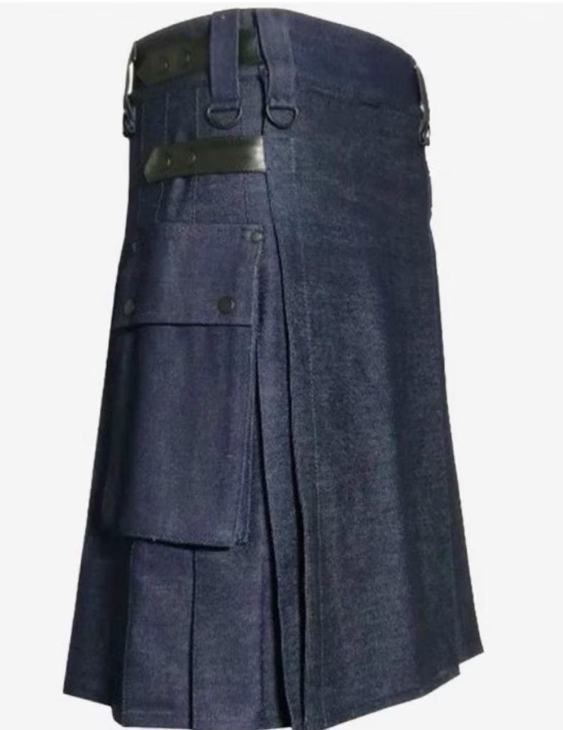 Scottish Blue Denim Utility Kilt With Cargo pockets For Men’s !
