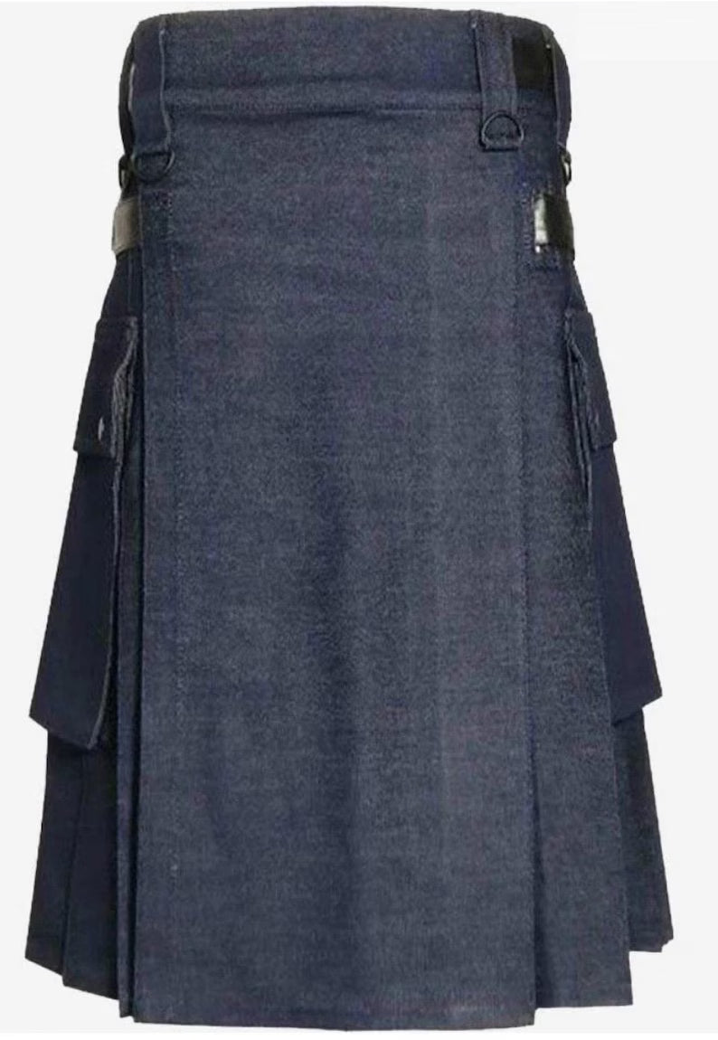 Scottish Blue Denim Utility Kilt With Cargo pockets For Men’s !