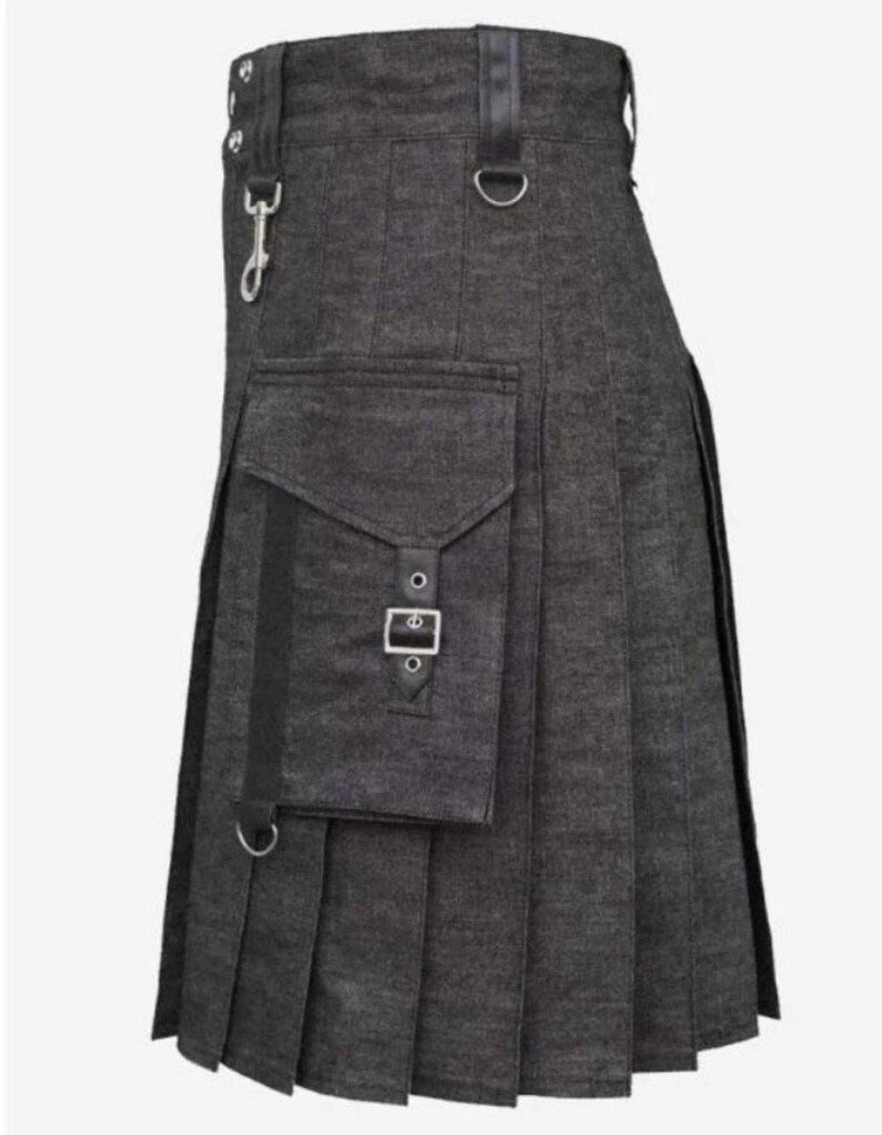 Gothic Denim Utility Kilt: Heavy Scottish Style with Straps