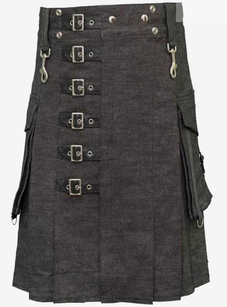 Gothic Denim Utility Kilt: Heavy Scottish Style with Straps