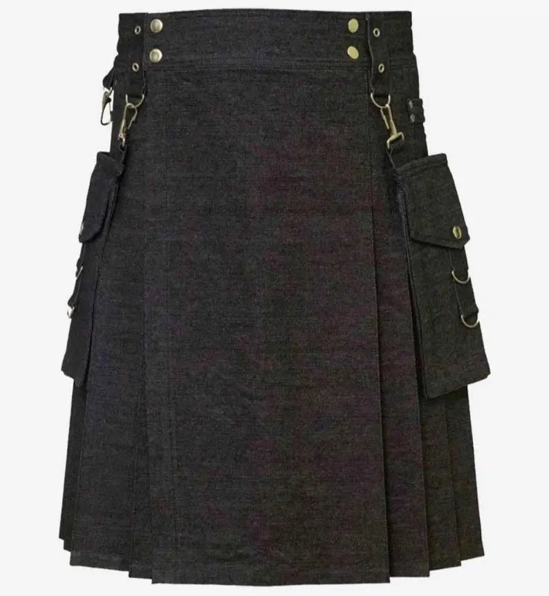 Scottish Denim Utility Kilt With Detectable Pockets For Men’s !