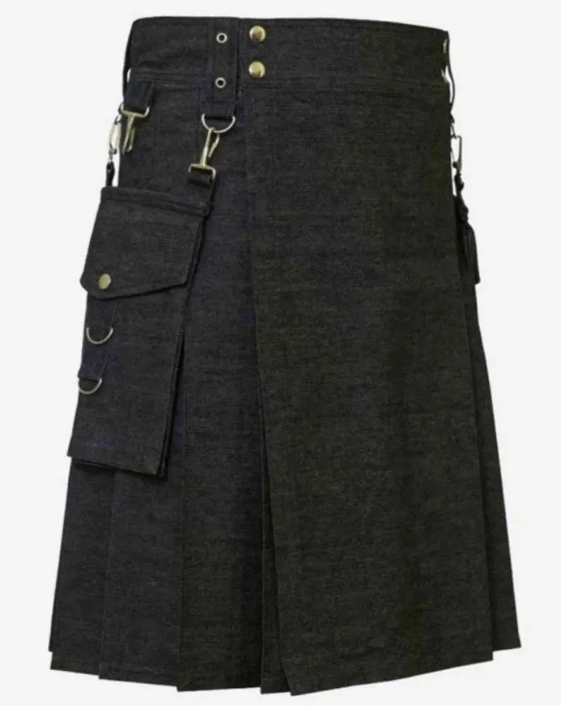 Scottish Denim Utility Kilt With Detectable Pockets For Men’s !