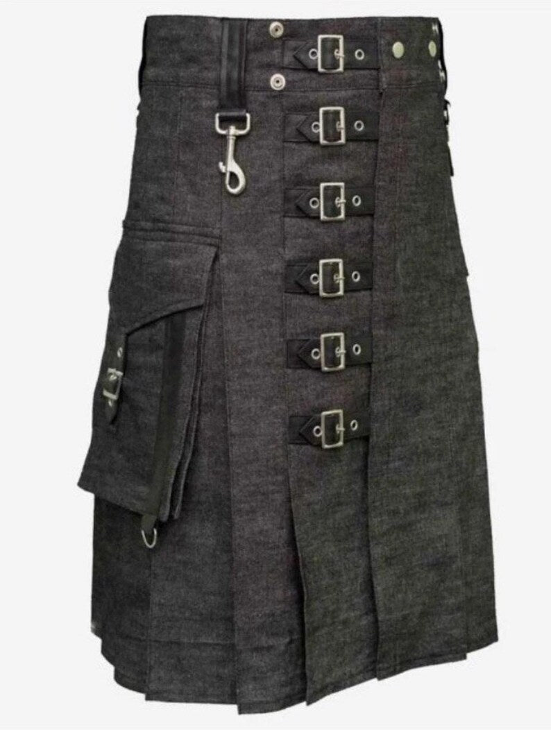Gothic Denim Utility Kilt: Heavy Scottish Style with Straps
