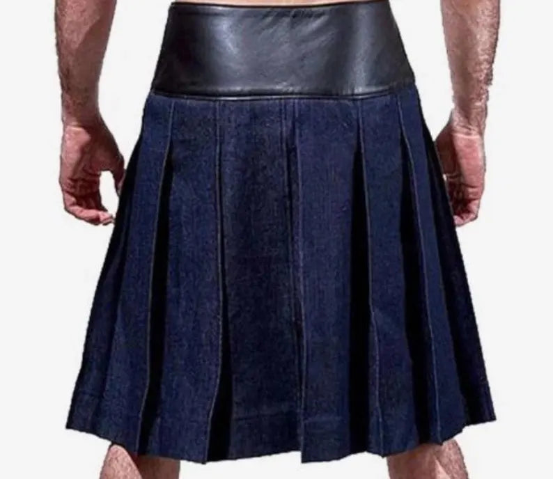 Scottish Blue Denim Utility Kilt With Leather pouch Foramen's