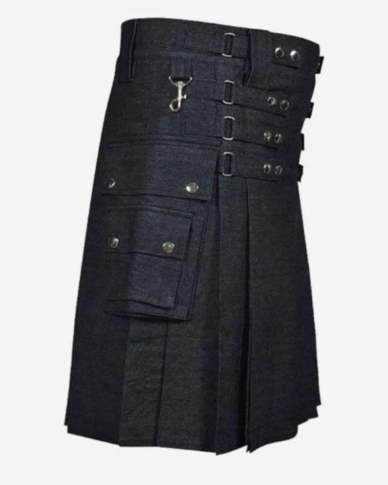 Scottish Modern Black Denim Utility Kilt For Men’s !