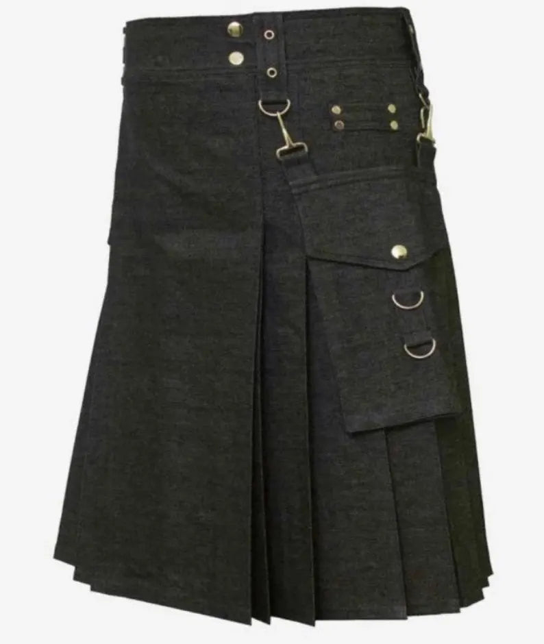 Scottish Denim Utility Kilt With Detectable Pockets For Men’s !