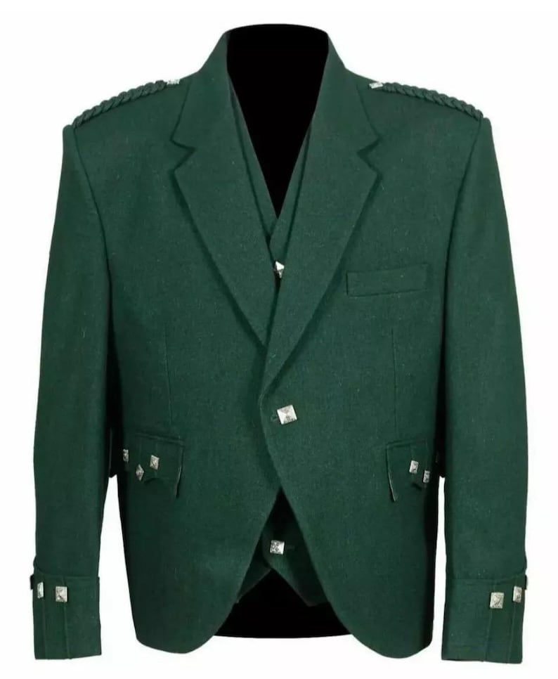 Scottish Men’s Dark Green Argyle Wool Kilt Jacket with Vest