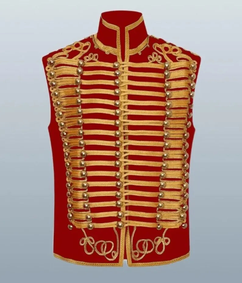 Men’s Red Sleeveless Military Drummer Parade Hussar Jacket Adam Luxe Vest