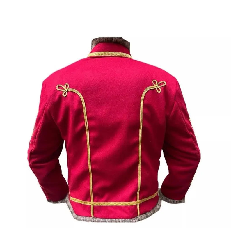 Men’s Red Military Uniform Napoleonic Tunic Pelisse Jimi Hendrix Hussar Jacket Men’s