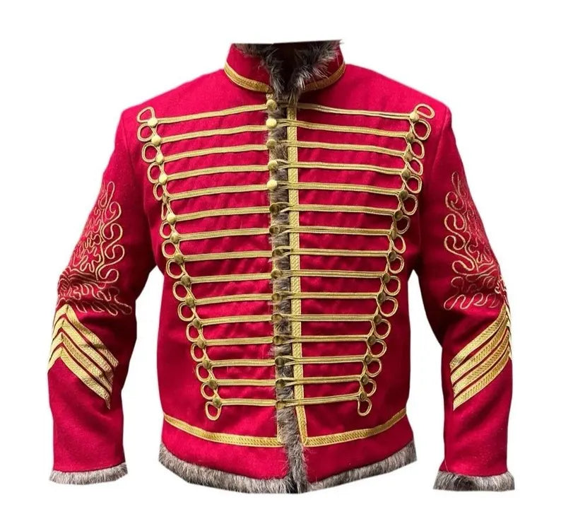 Men’s Red Military Uniform Napoleonic Tunic Pelisse Jimi Hendrix Hussar Jacket Men’s
