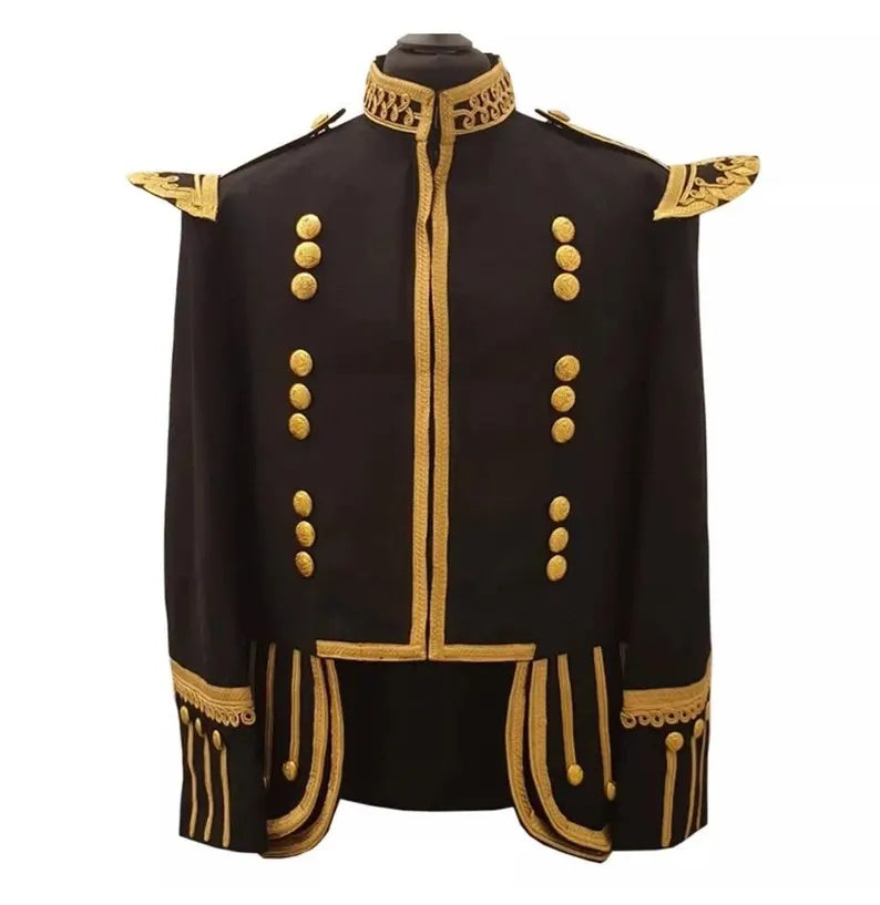 Men’s Scottish Highland Black Military Uniform Double kilt 100% Wool Drummer Piper Doublet