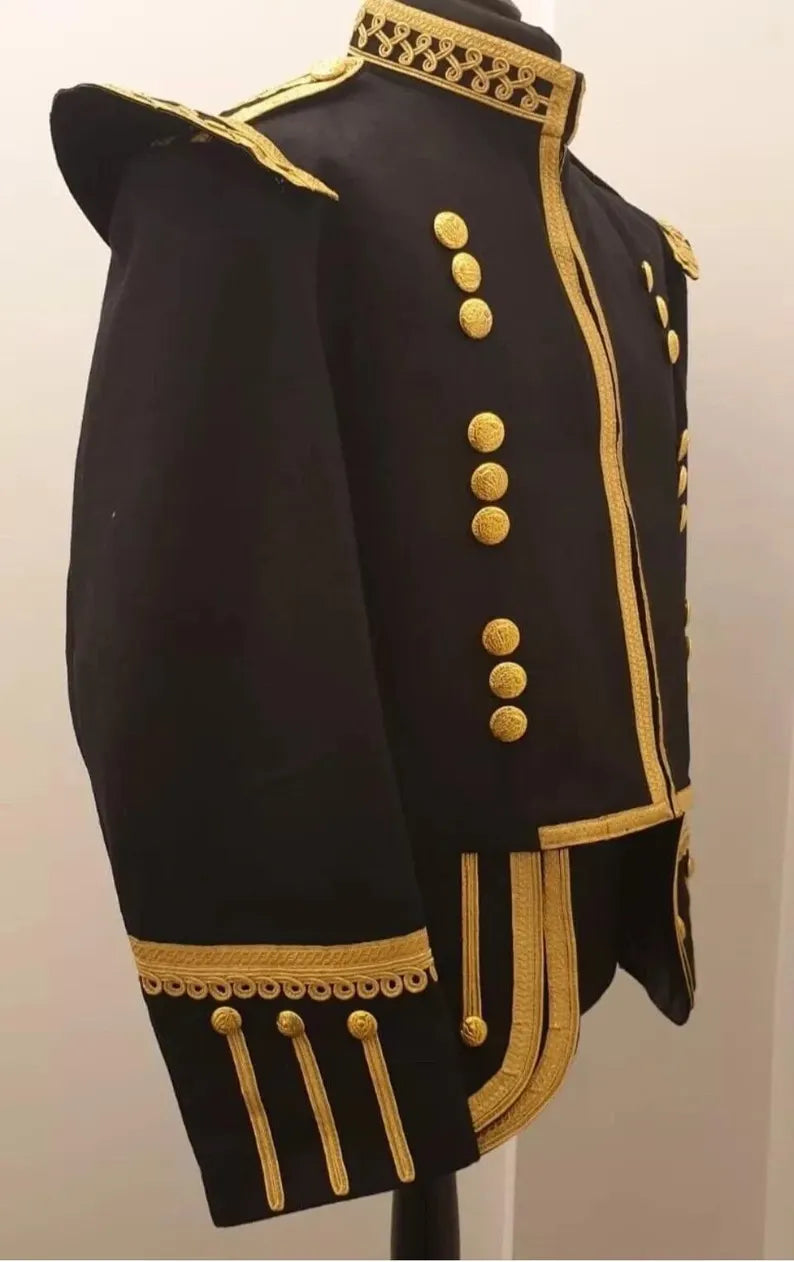 Men’s Scottish Highland Black Military Uniform Double kilt 100% Wool Drummer Piper Doublet