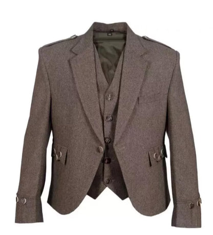 Scottish Men’s Brown Tweed Wool Argyle Kilt Jacket With Vest
