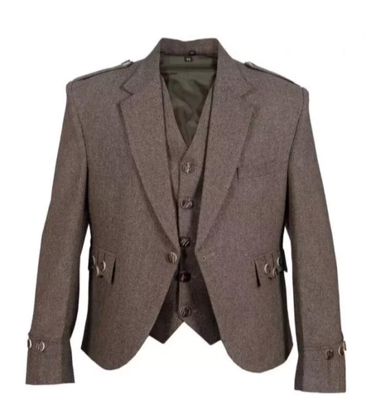Scottish Men’s Brown Tweed Wool Argyle Kilt Jacket With Vest