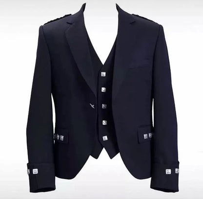 Scottish Men’s Black Argyle Kilt Jacket & Vest Waist Cost WoolKilt Jacket For Wedding