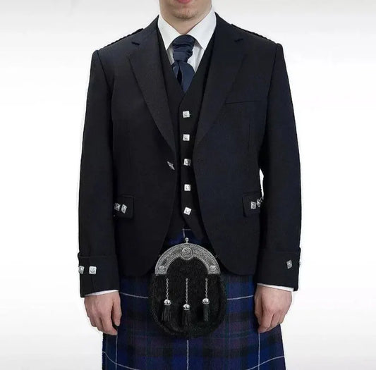 Scottish Men’s Black Argyle Kilt Jacket & Vest Waist Cost WoolKilt Jacket For Wedding