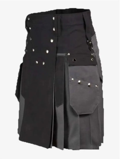 Scottish Grey & Black Cotton Utility Kilt For Men’s
