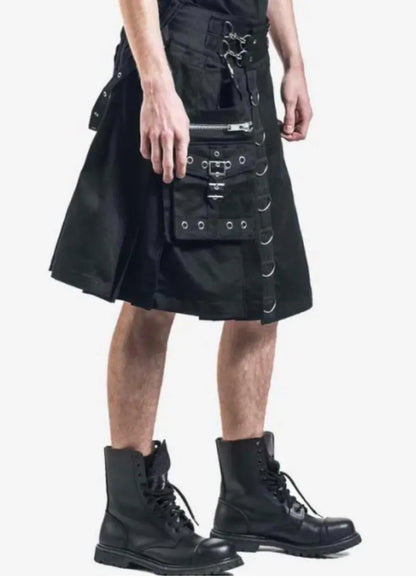 Scottish Calle Black Grunge Gothic Utility Kilt For Men’s