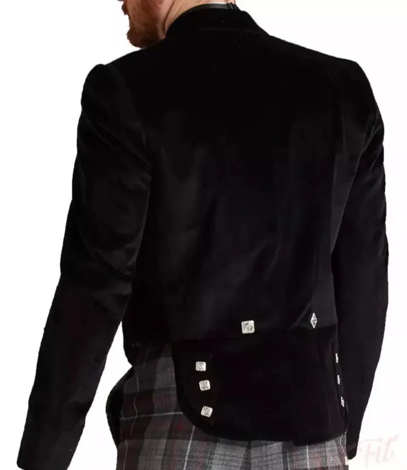 Scottish Men’s Highland Black Velvet Prince Charlie Vest Kilt Wedding Jacket