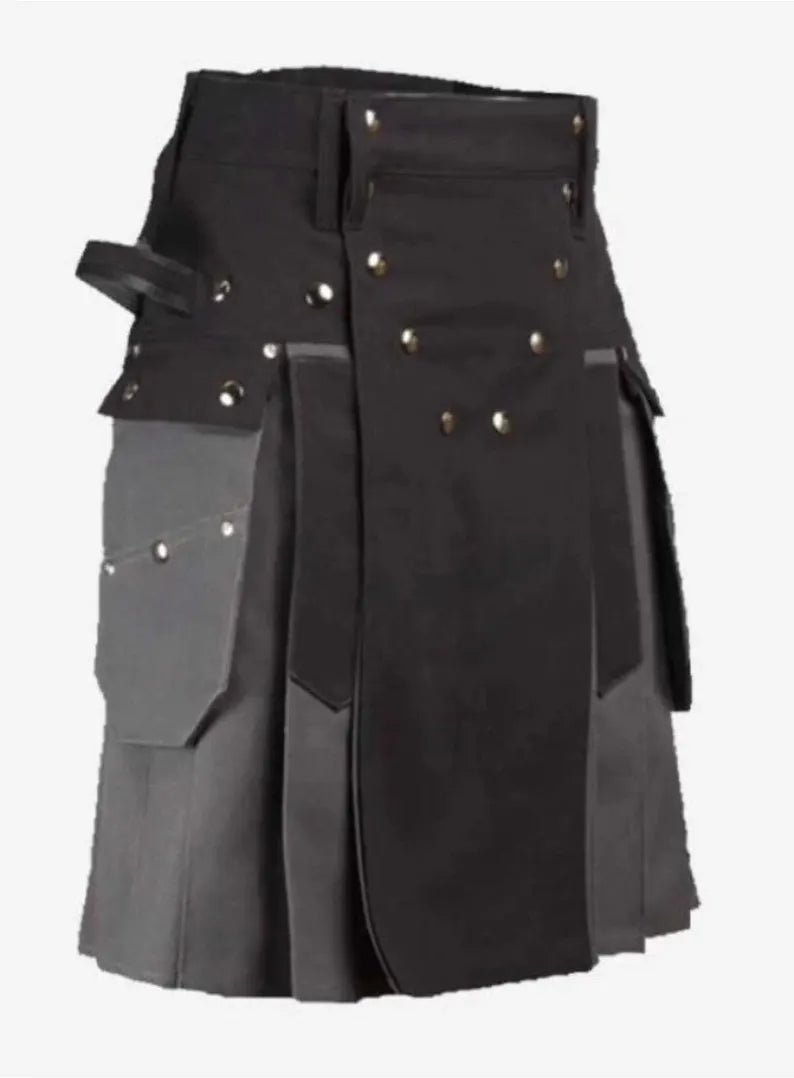 Scottish Grey & Black Cotton Utility Kilt For Men’s