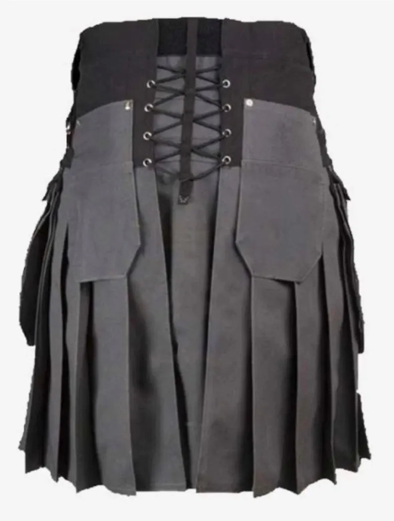 Scottish Grey & Black Cotton Utility Kilt For Men’s