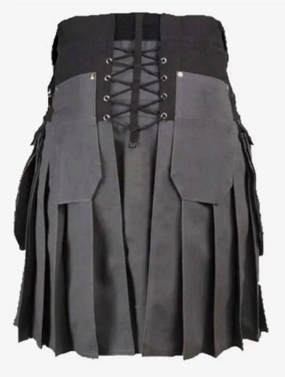 Scottish Grey & Black Cotton Utility Kilt For Men’s