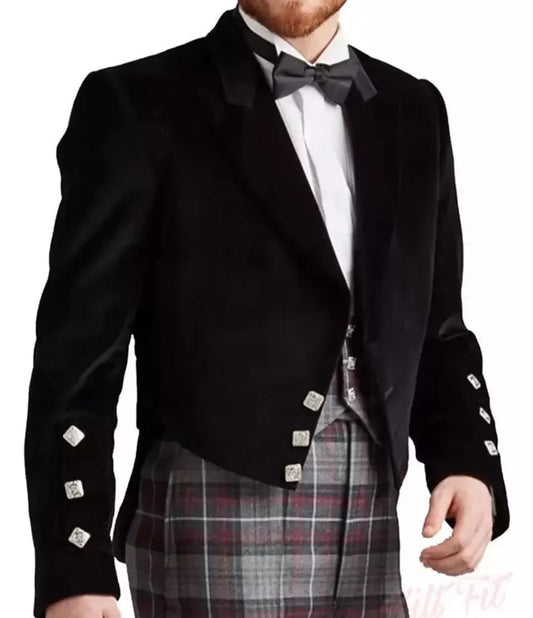 Scottish Men’s Highland Black Velvet Prince Charlie Vest Kilt Wedding Jacket