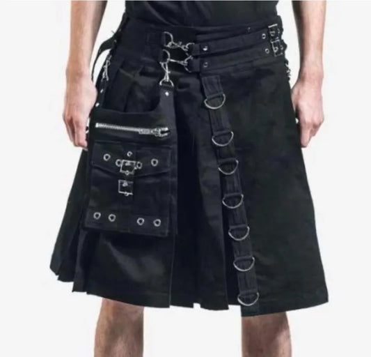 Scottish Calle Black Grunge Gothic Utility Kilt For Men’s