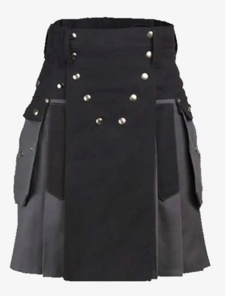 Scottish Grey & Black Cotton Utility Kilt For Men’s