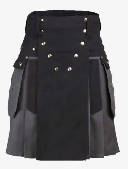 Scottish Grey & Black Cotton Utility Kilt For Men’s