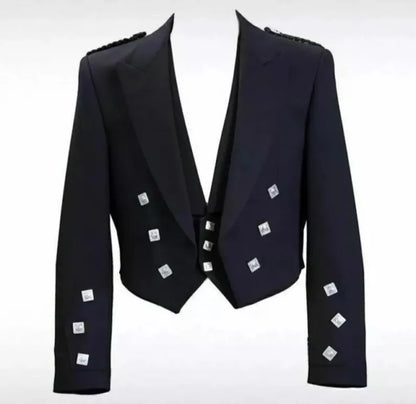 Scottish Men’s Black Prince Charlie Jacket With WaistCoat Wedding Kilt Jacket