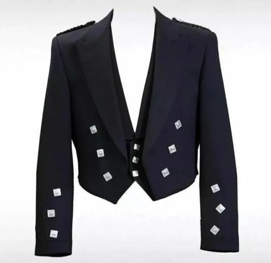 Scottish Men’s Black Prince Charlie Jacket With WaistCoat Wedding Kilt Jacket