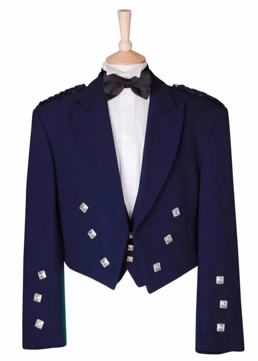 Scottish Men’s Navy Blue Prince Charlie Jacket With WaistCoat Wedding Kilt Jacket