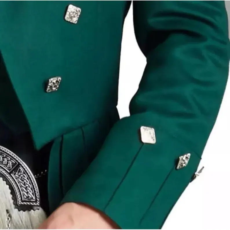 Scottish Men’s Prince Charlie Green Jacket With WaistCoat Wedding Kilt Jacket