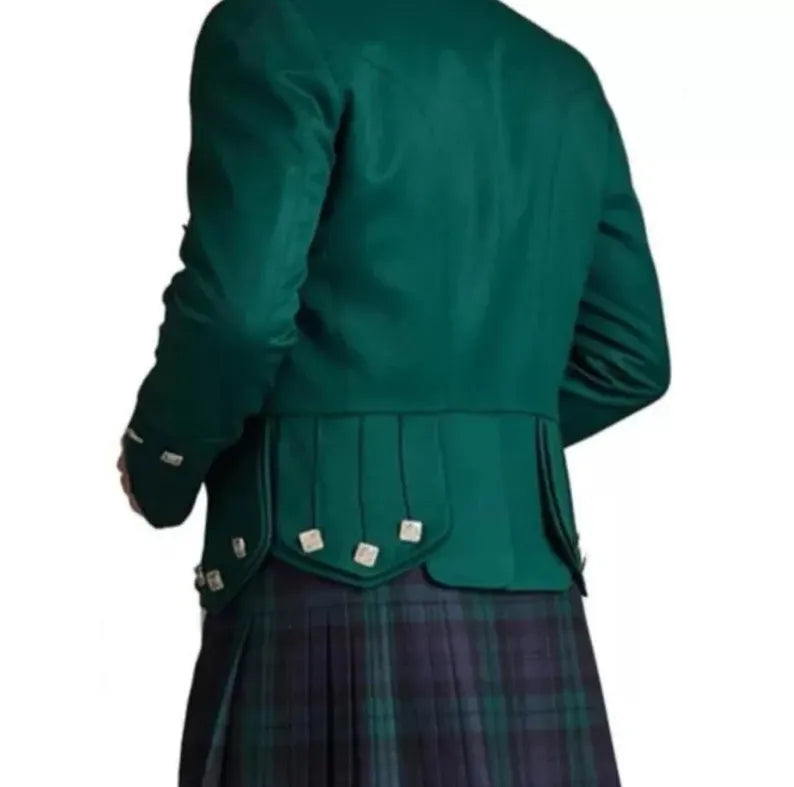 Scottish Men’s Prince Charlie Green Jacket With WaistCoat Wedding Kilt Jacket