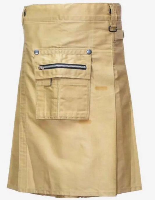 Scottish Khaki Outfit Kilt With Front Pocket For Men’s